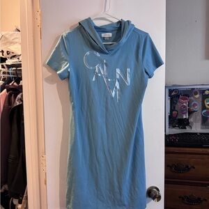 Calvin Klein Sky Blue Short Sleeve Hoodie Dress with Metallic Logo